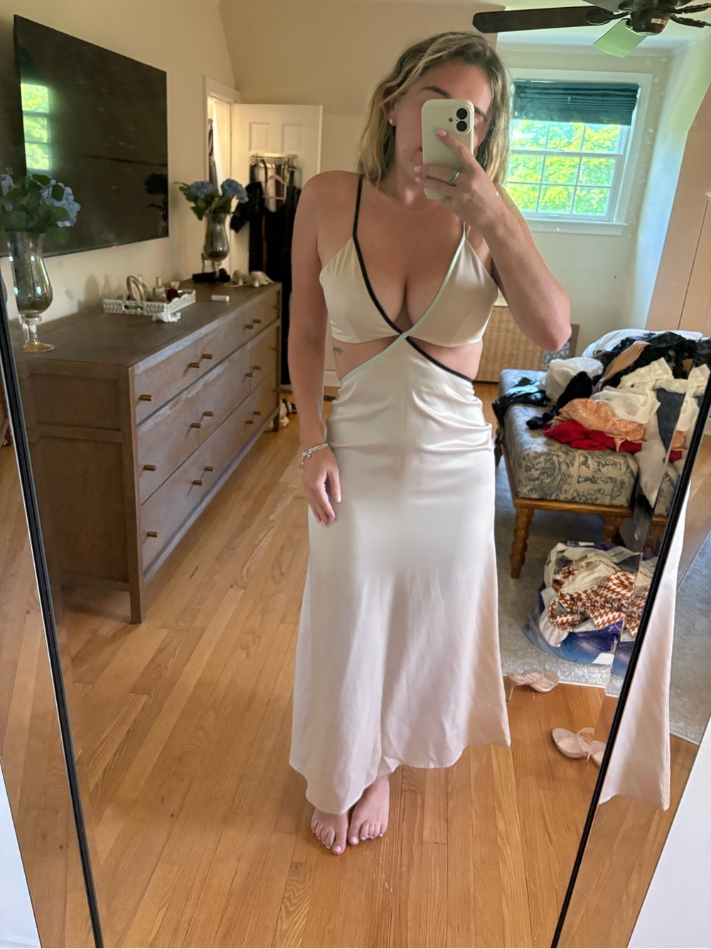 SHEIN Cream Maxi Dress with Black and Green Trim Cutout